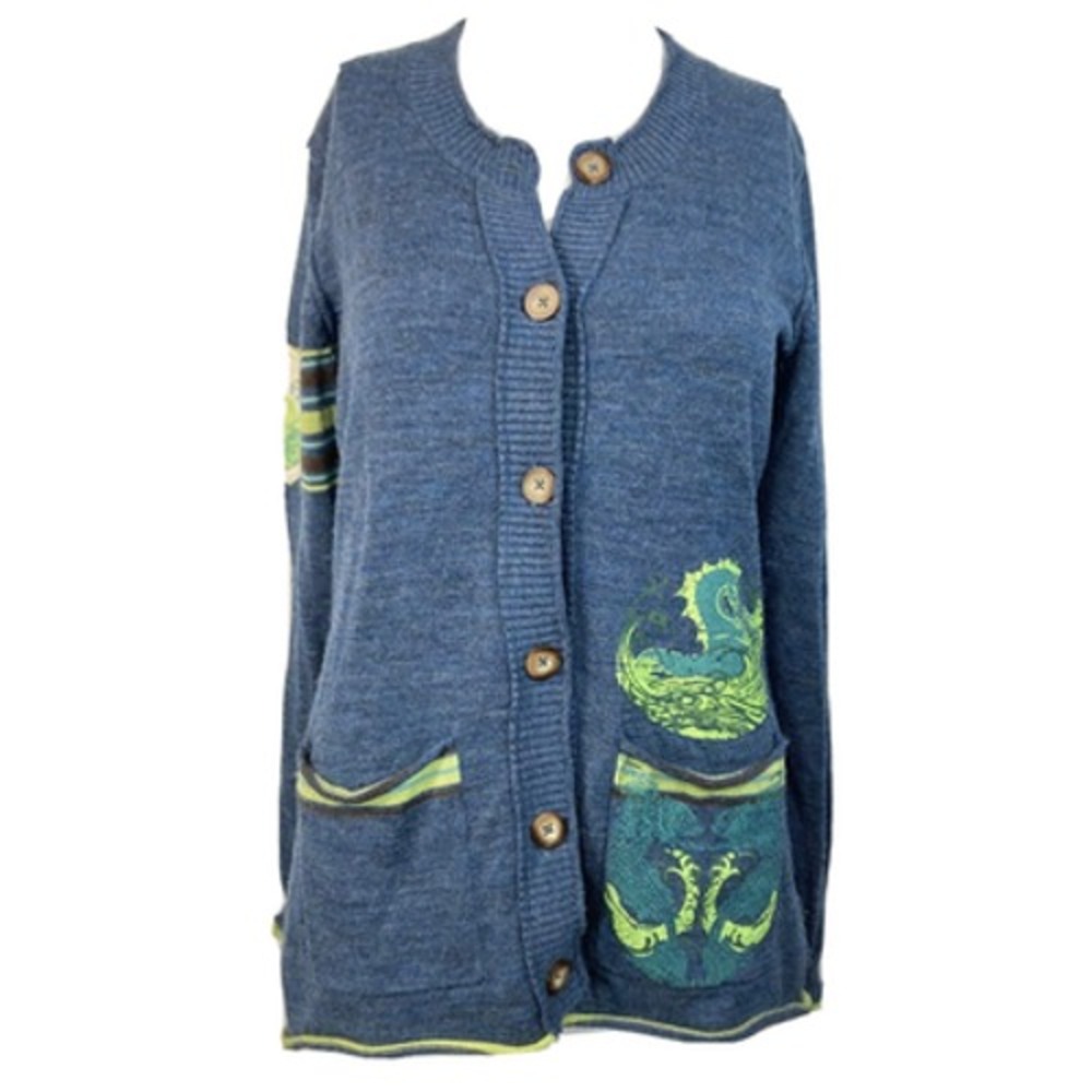 Title Nine Cardigan Womens Sz S‎ Blue Seahorse Washable Wool Knit Pocket Button